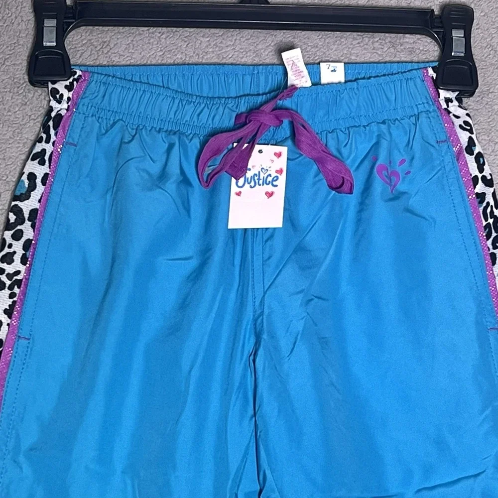 Justice Girls Blue Athletic Track Pants Purple Trim Leopard Print‎ Size 7 NWT